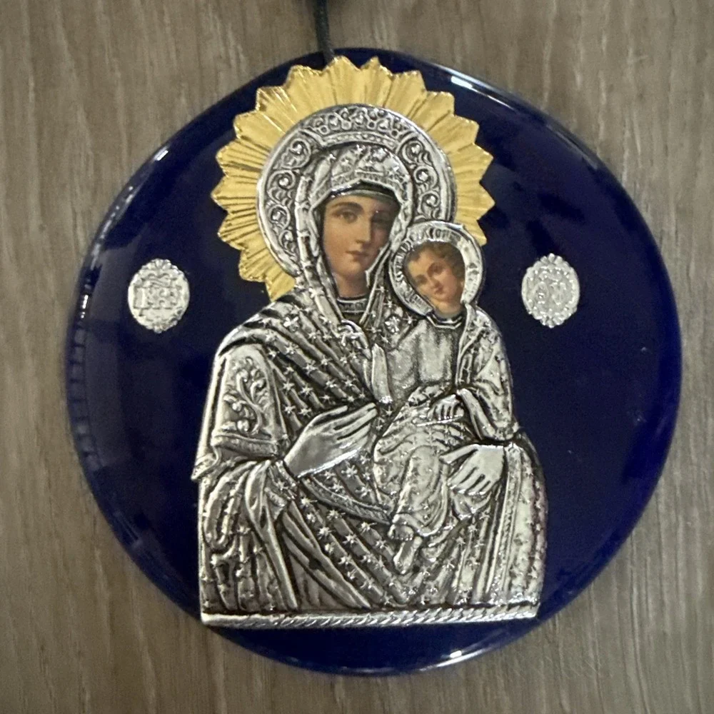 Blue glass silver tone Mother of God Mary and Jesus Christ Icon wall hanger 4.5